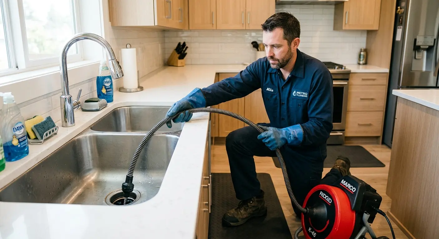 Drain cleaning technician using a motorized snake on a kitchen sink in Berkeley