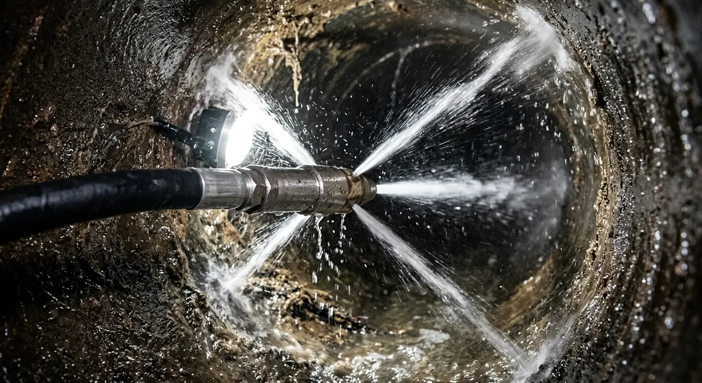 High-pressure hydro jetting nozzle cleaning sewer pipe for Sewer Line Relining in Berkeley