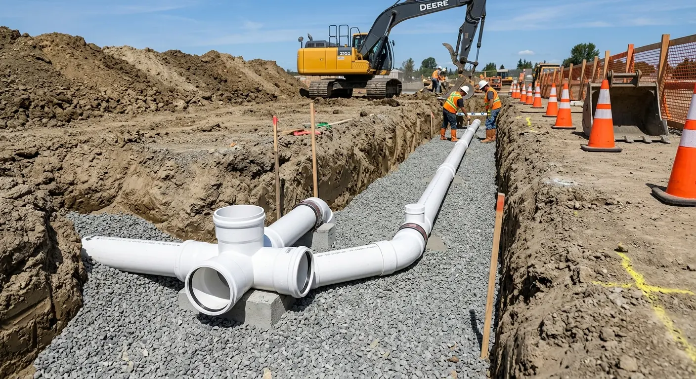 New PVC sewer pipe installation in open trench for Commercial Drain Cleaning in Berkeley